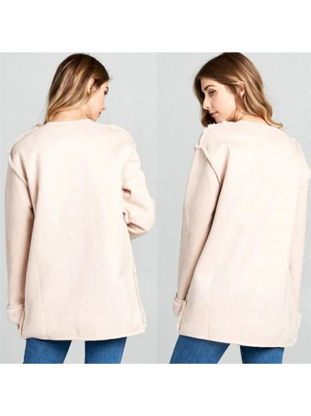 Ellison ELLA Faux Suede Fur lined Double Breasted Zip Coat Pink Size Large - Picture 2 of 8